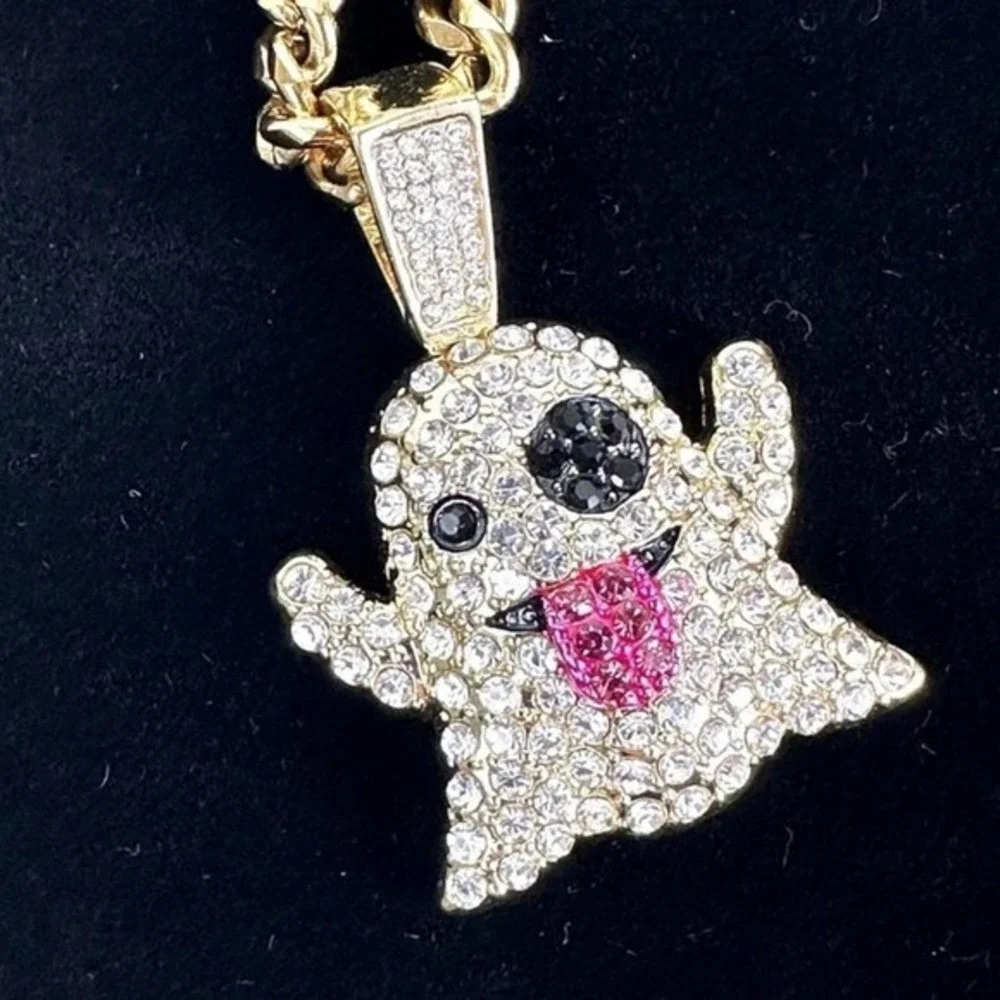 Crystal Ghost Pendant Necklace Jewelry Gold Colored Chain Whimsical Rhinestone‎